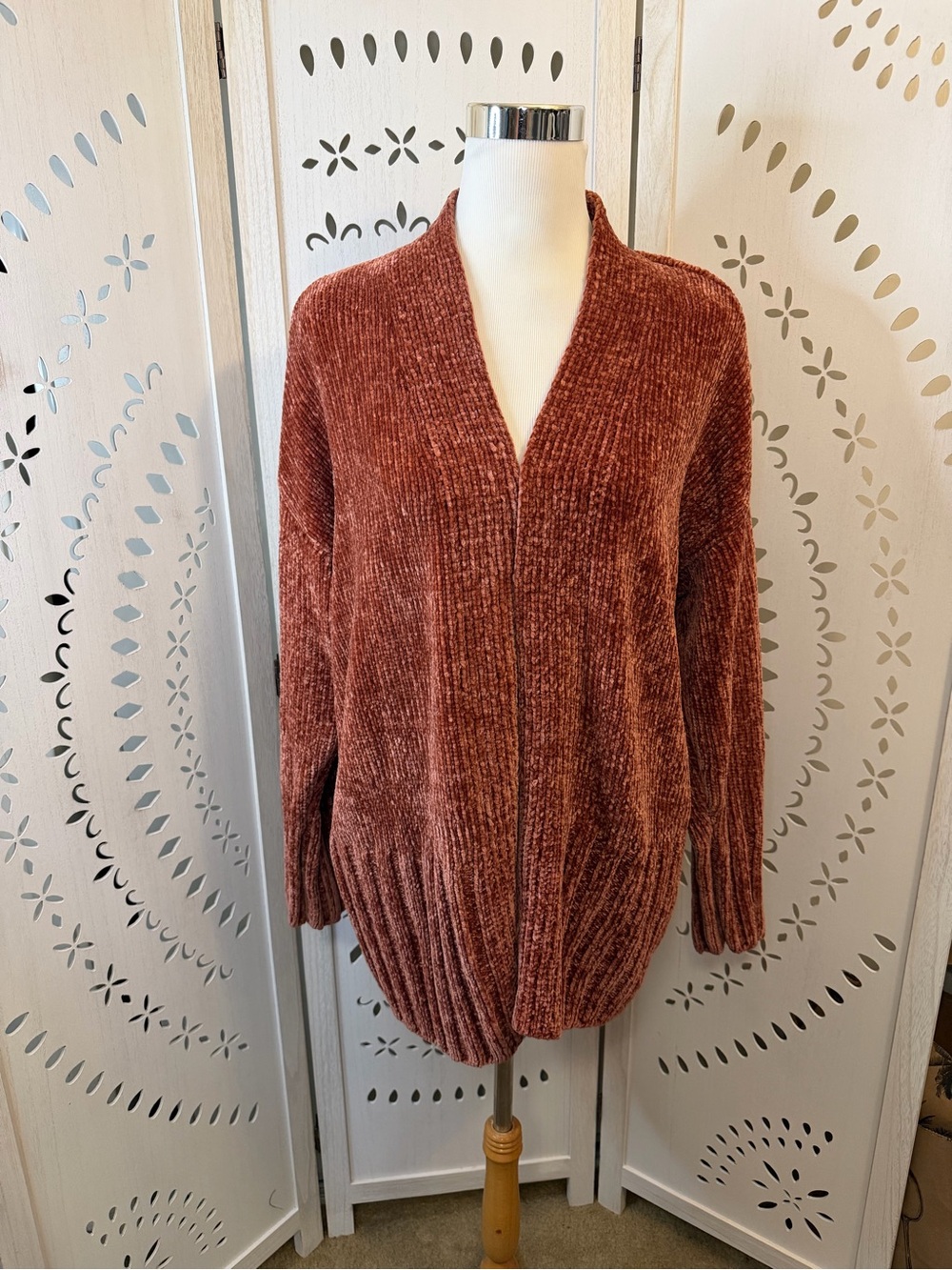 Cozy Open-Front Women's Chenille Cardigan Sweater - Rust